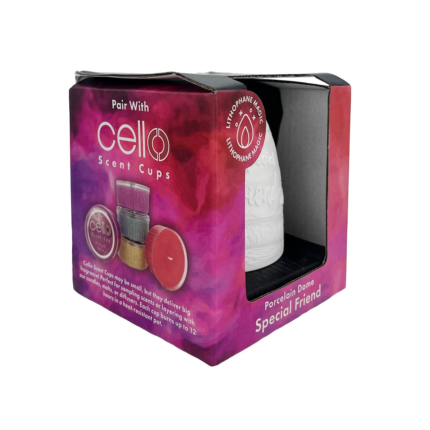 Side view of Cello Special Friend porcelain tealight dome packaging.