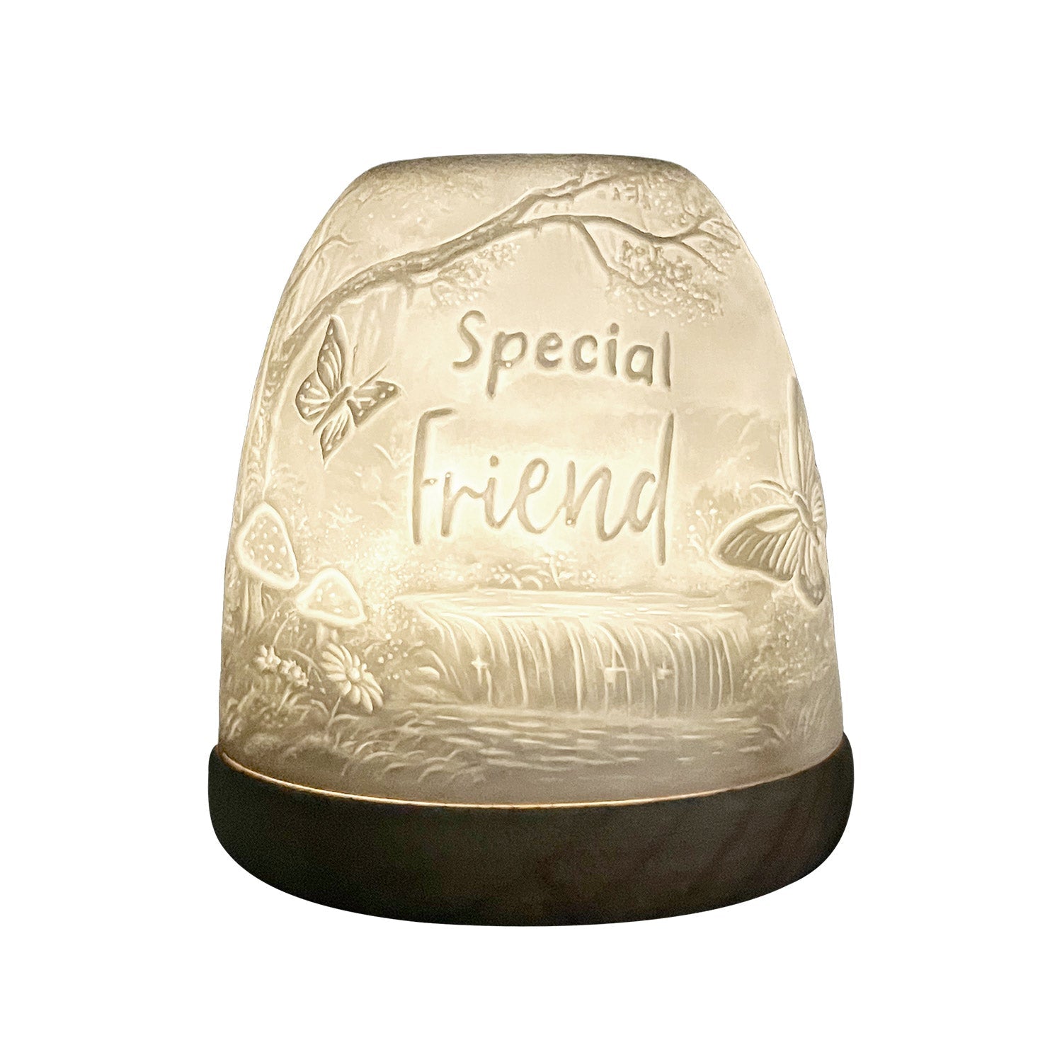 Close-up of Cello Special Friend tall tealight dome showing detailed lithophane message.