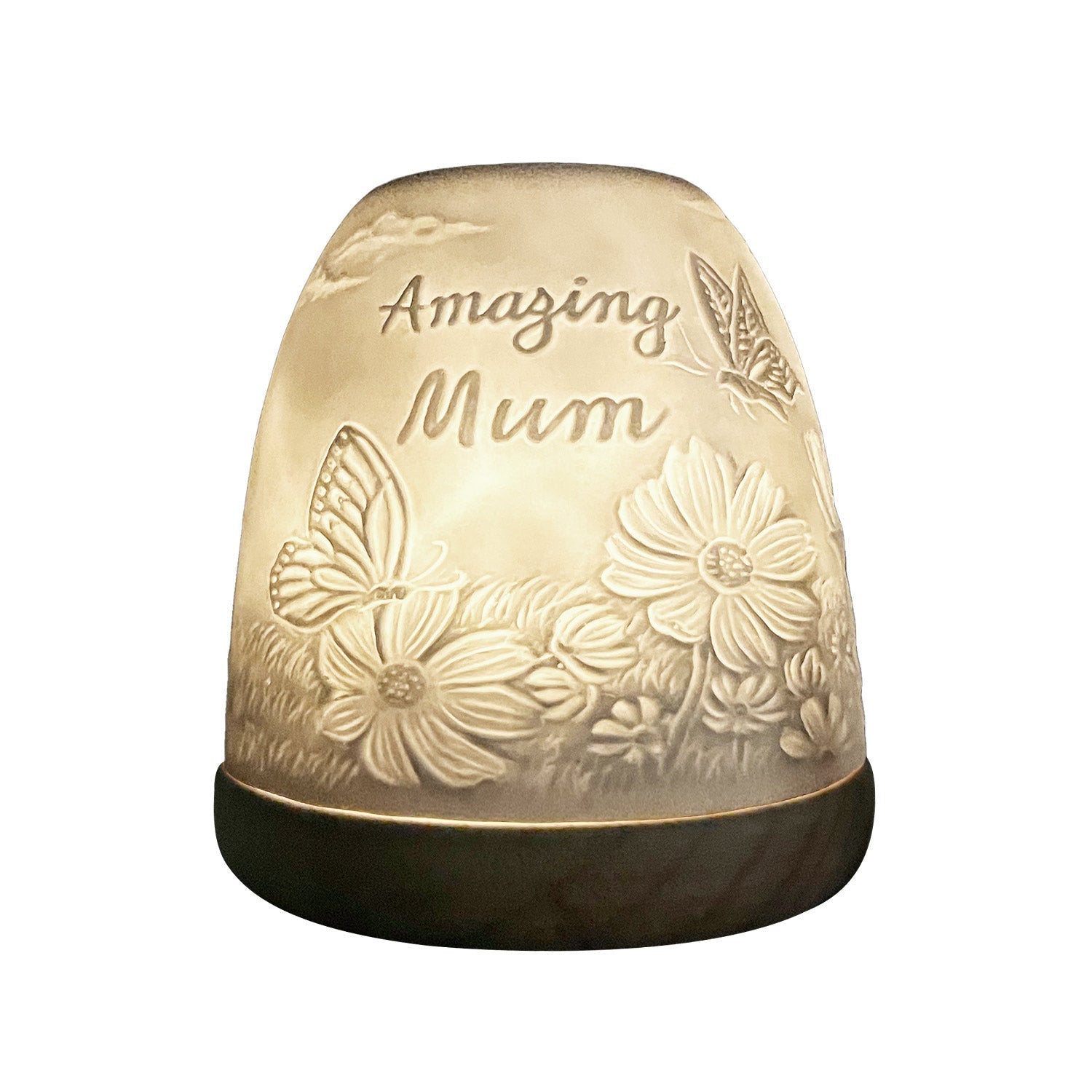 Close-up of Amazing Mum porcelain tealight dome with illuminated floral details