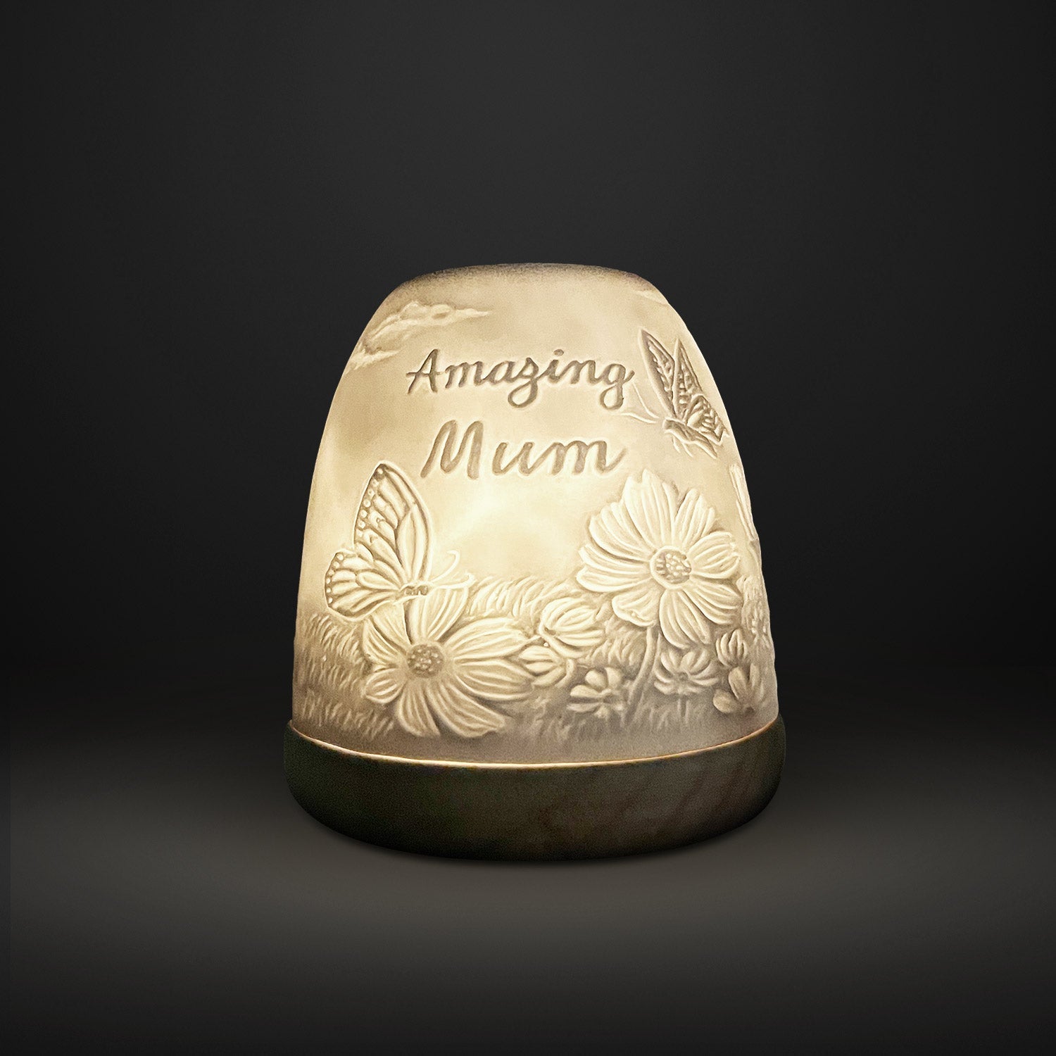 Cello Tall Tealight Dome Amazing Mum lit showing floral porcelain design