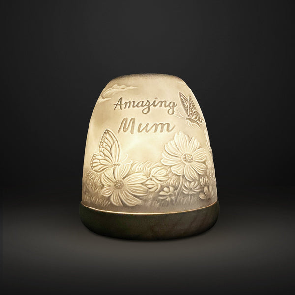 Cello Tall Tealight Dome Amazing Mum lit showing floral porcelain design