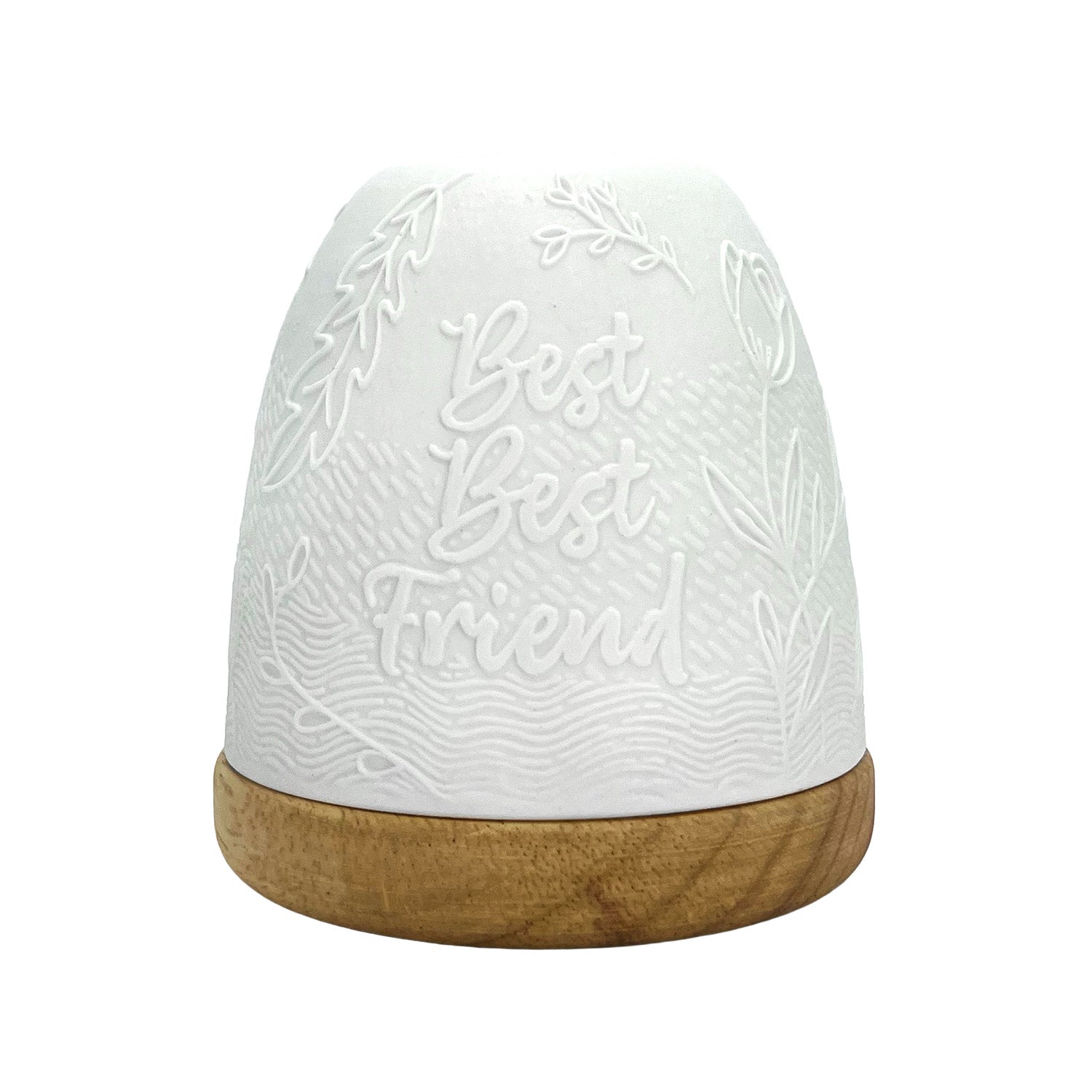Unlit white porcelain Best Best Friend tealight dome showing detailed engraving