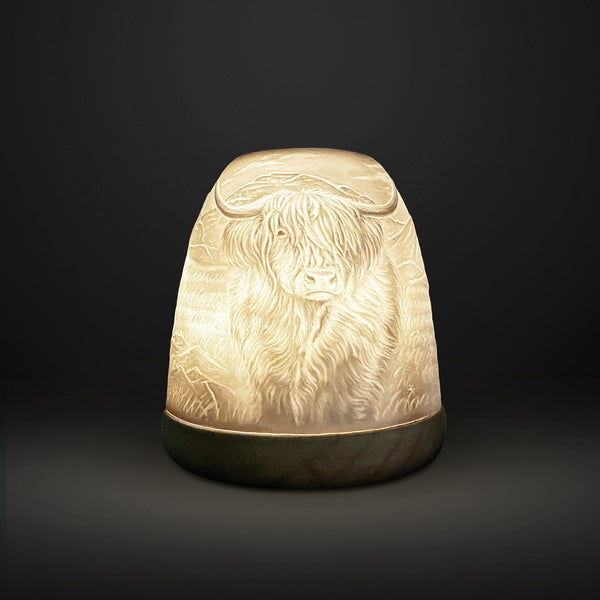 Cello tall tealight dome Highland Cow glowing lithophane design front view