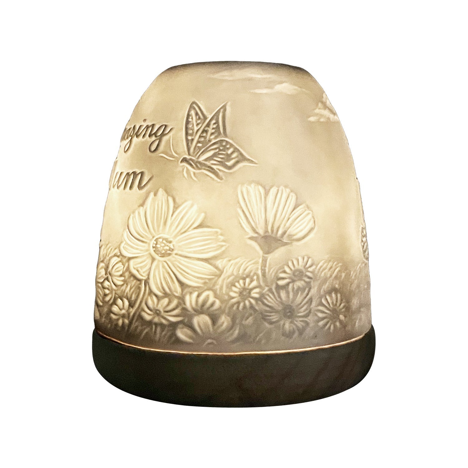 Side view of Cello Amazing Mum tall tealight dome softly glowing