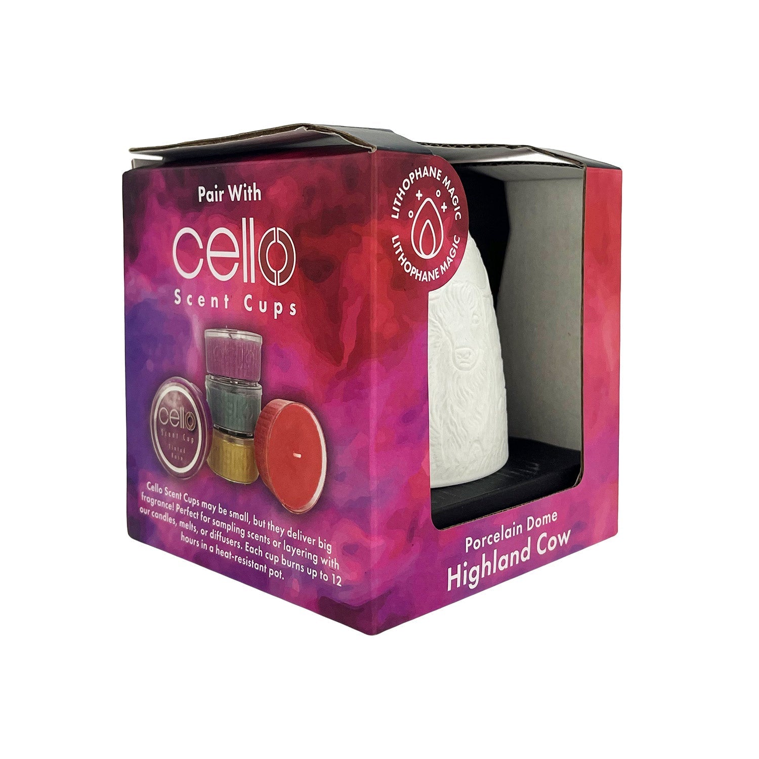 Cello Highland Cow porcelain tealight dome packaging shown at an angle