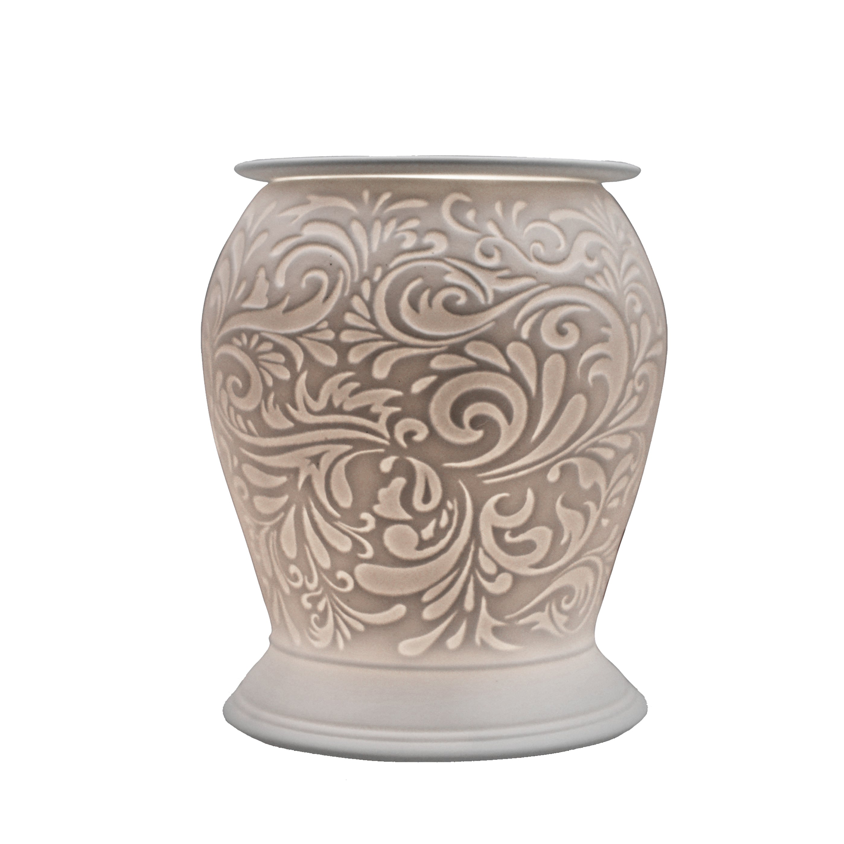 The porcelain material on this Wax Melt Burner allows bright light to shine through it, providing the opportunity to create this gorgeous Swirl design. This is done by crafting images out of thicker and thinner sections of the porcelain, allowing for detailed shadowing and a 3D effect. The porcelains elegant look will fit perfectly in any room is available in a range of designs and two different shapes.