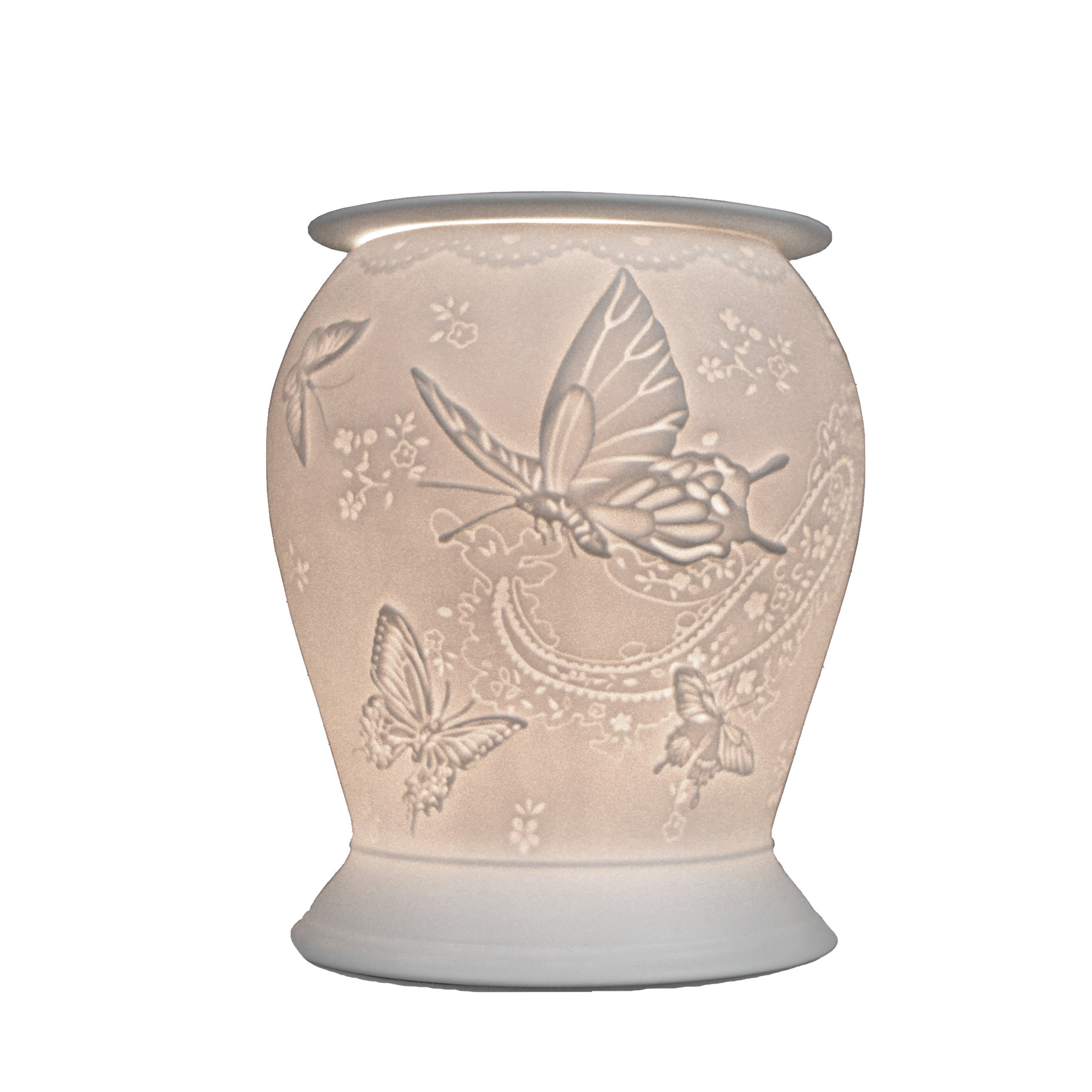 The porcelain material on this Wax Melt Burner allows bright light to shine through it, providing the opportunity to create this gorgeous Butterfly design. This is done by crafting images out of thicker and thinner sections of the porcelain, allowing for detailed shadowing and a 3D effect. The porcelains elegant look will fit perfectly in any room is available in a range of designs and two different shapes.
