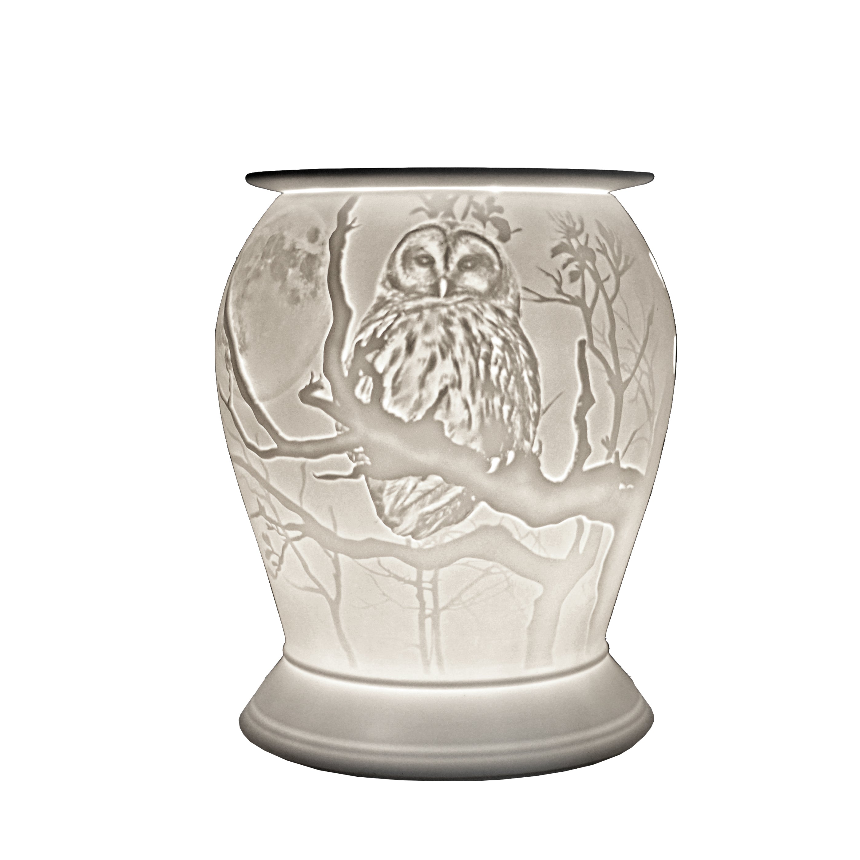 The porcelain material on this Wax Melt Burner allows bright light to shine through it, providing the opportunity to create this stunning owl design. This is done by crafting images out of thicker and thinner sections of the porcelain, allowing for detailed shadowing and a 3D effect. The porcelains elegant look will fit perfectly in any room is available in a range of designs and two different shapes.