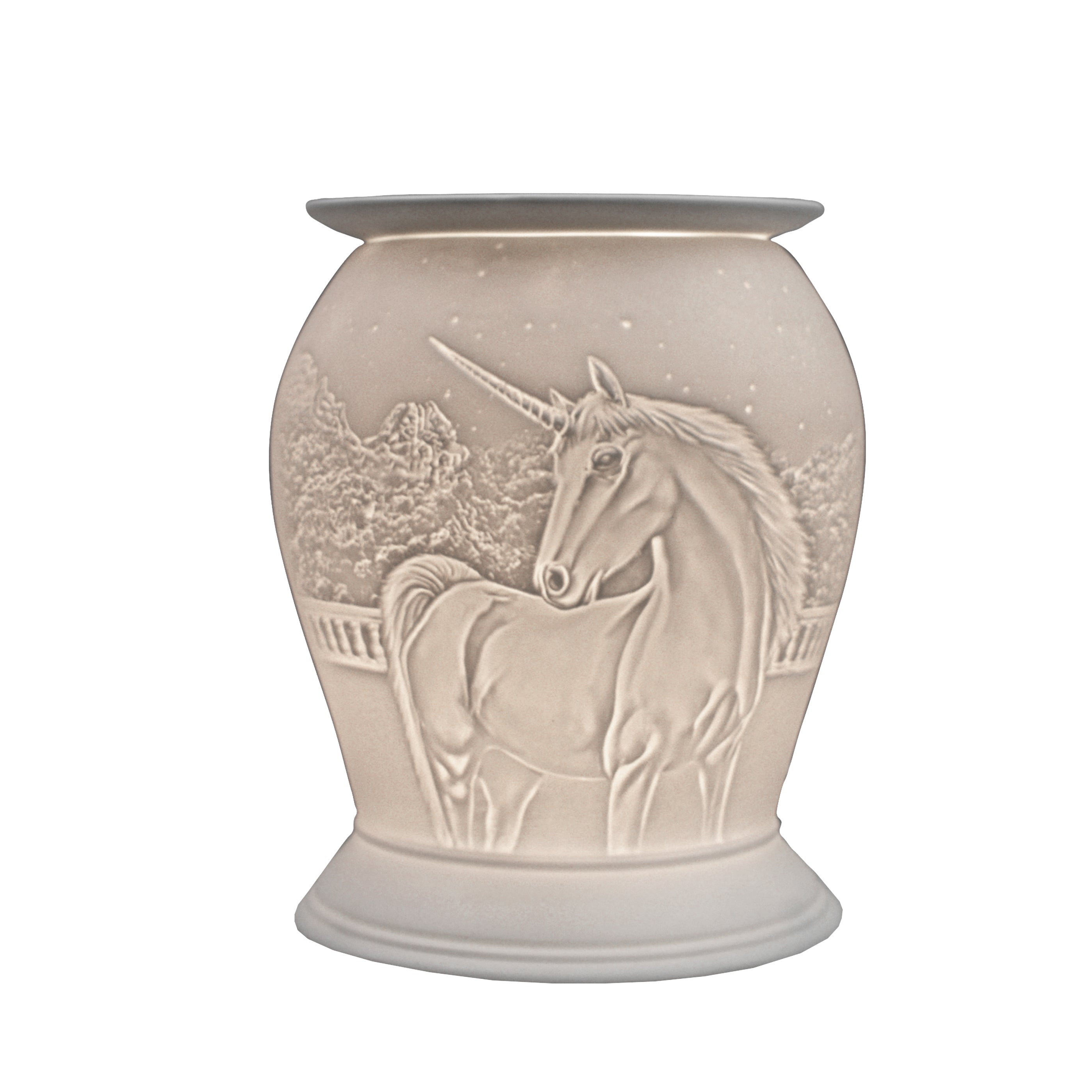 The porcelain material on this Wax Melt Burner allows bright light to shine through it, providing the opportunity to create this magical Unicorn design. This is done by crafting images out of thicker and thinner sections of the porcelain, allowing for detailed shadowing and a 3D effect. The porcelains elegant look will fit perfectly in any room is available in a range of designs and two different shapes.