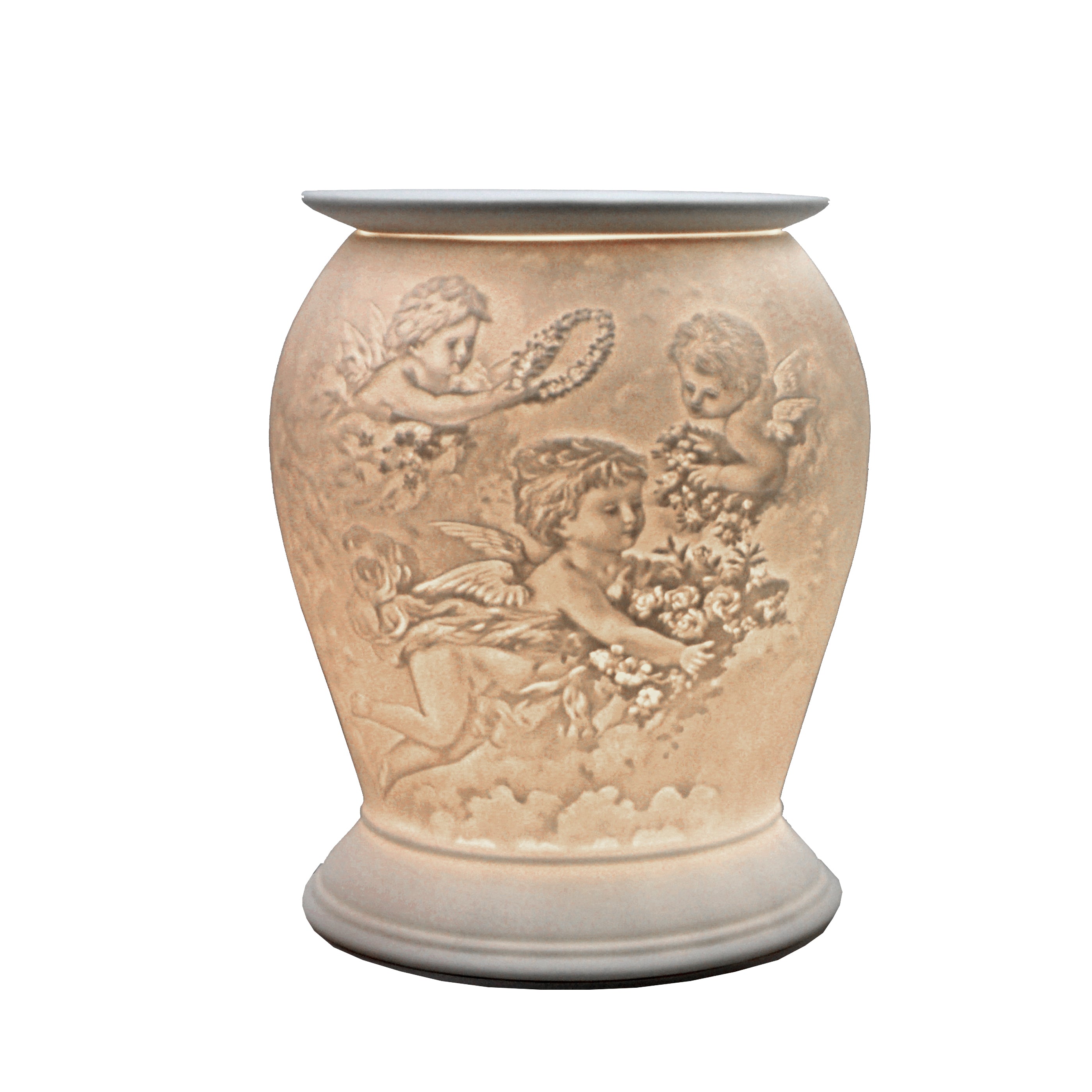 The porcelain material on this Wax Melt Burner allows bright light to shine through it, providing the opportunity to create this magnificent Cherub design. This is done by crafting images out of thicker and thinner sections of the porcelain, allowing for detailed shadowing and a 3D effect. The porcelains elegant look will fit perfectly in any room is available in a range of designs and two different shapes.