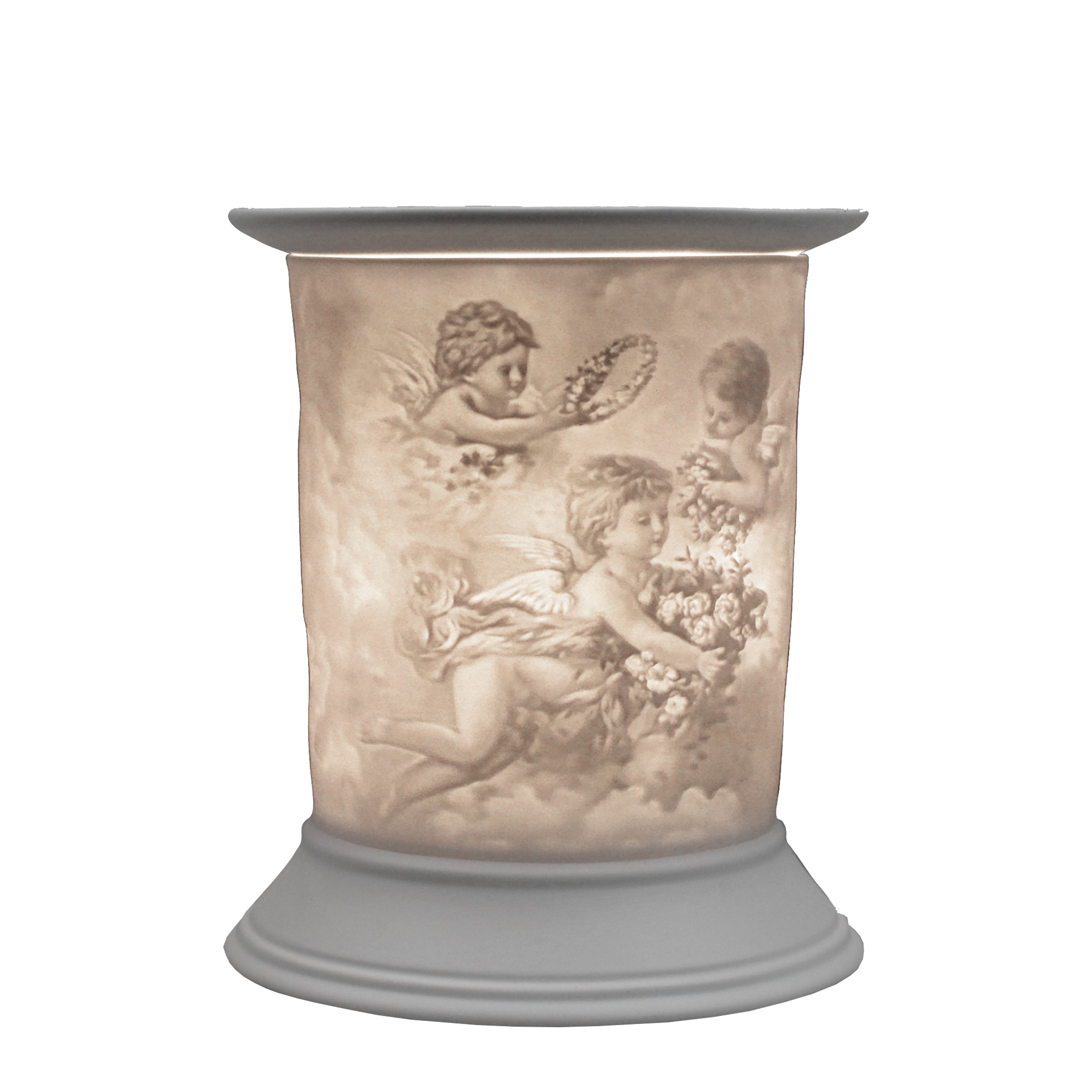 The porcelain material on this Wax Melt Burner allows bright light to shine through it, providing the opportunity to create this gorgeous Cherub design. This is done by crafting images out of thicker and thinner sections of the porcelain, allowing for detailed shadowing and a 3D effect. The porcelains elegant look will fit perfectly in any room is available in a range of designs and two different shapes.