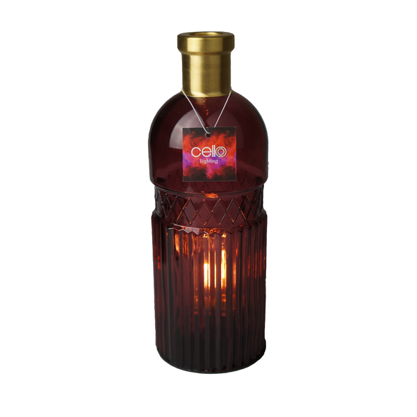 This peaceful red lamp with vintage glass detailing and a beautiful gold top is in the shape of a bottle creating a elegant and classy look  