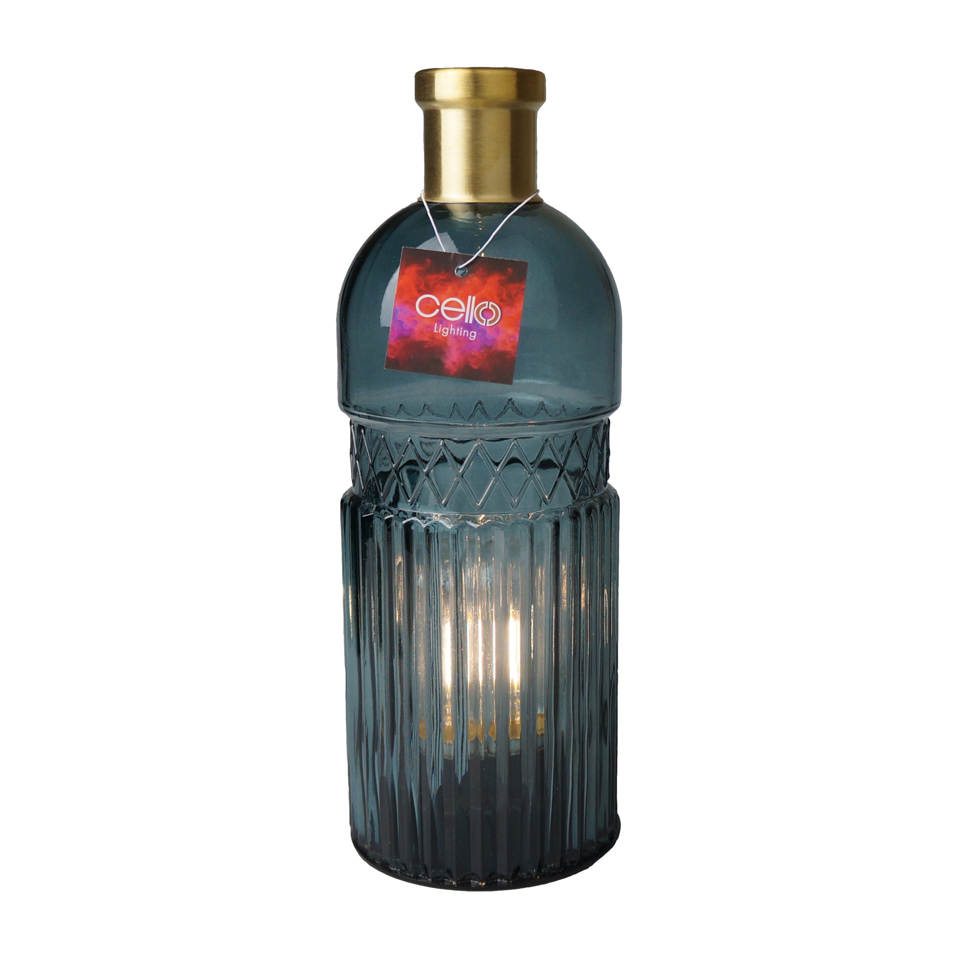 This peaceful blue lamp with vintage glass detailing and a beautiful gold top is in the shape of a bottle creating a elegant and classy look  