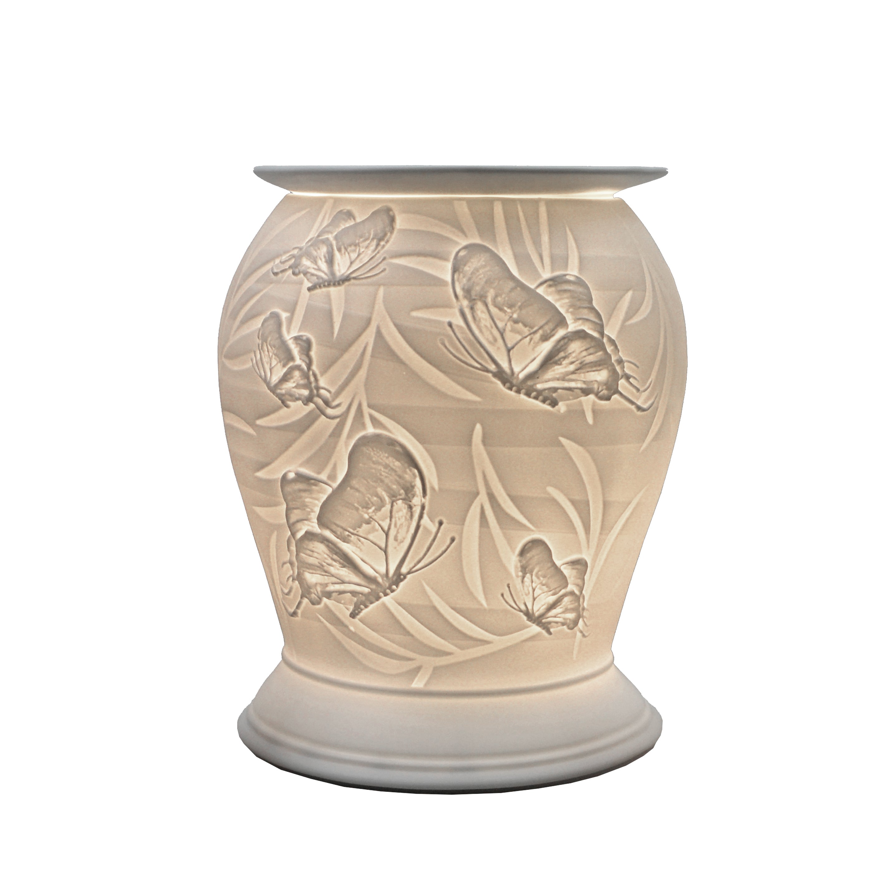 The porcelain material on this Wax Melt Burner allows bright light to shine through it, providing the opportunity to create this stunning Butterfly design. This is done by crafting images out of thicker and thinner sections of the porcelain, allowing for detailed shadowing and a 3D effect. The porcelains elegant look will fit perfectly in any room is available in a range of designs and two different shapes.