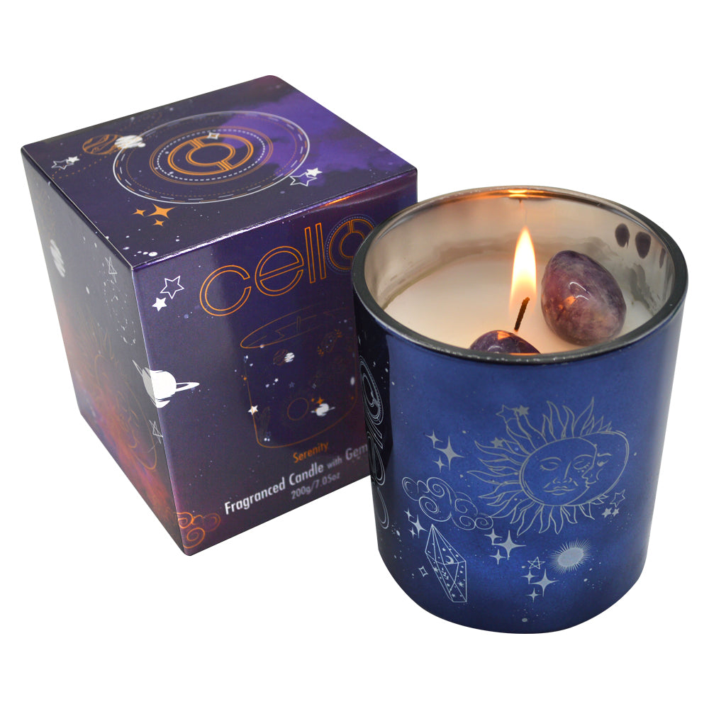 Small Celestial Gemstone Candle with Amethyst Gems - Distant Daydreams